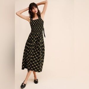 Anthropologie - Damson Madder - Black and Gold Bow Print Midi Dress